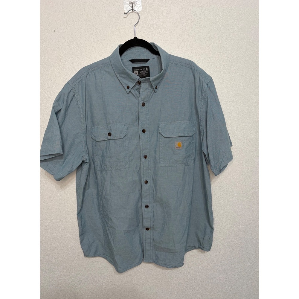Carhartt Mens XL Loose Fit Short Sleeve Button Down Shirt Light Blue Workwear